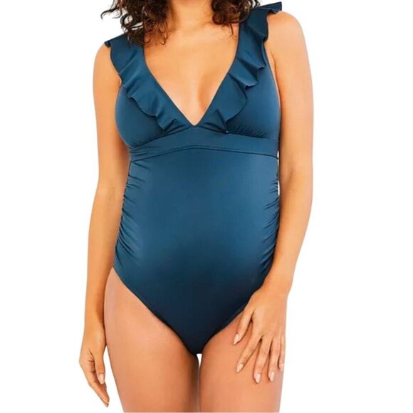 Pea in the Pod Maternity Swimsuit Coquette Dainty Floral Ruffle Deep V Medium - Picture 4 of 9